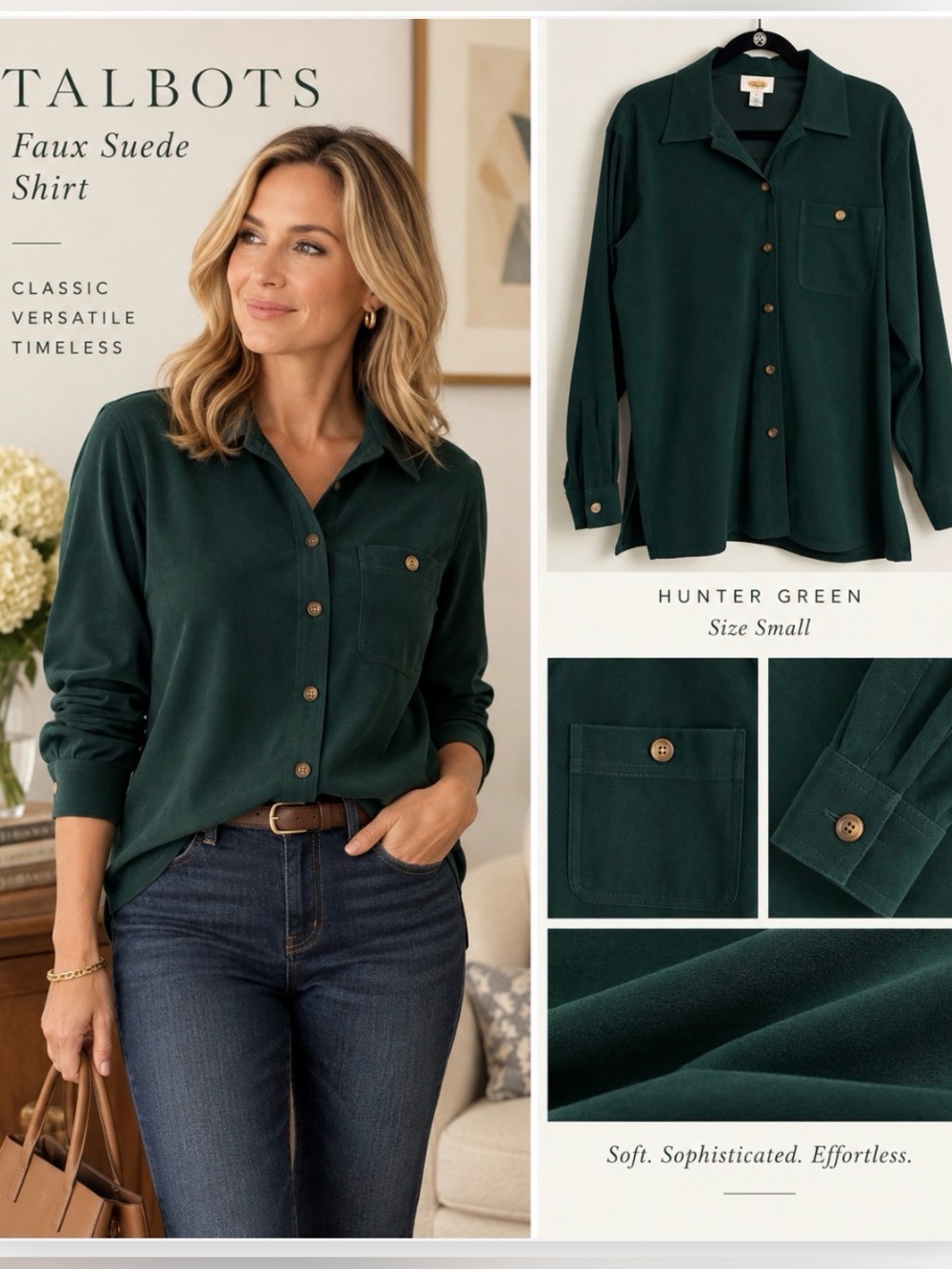 Talbots Hunter Green Faux Suede Button-Front Shirt | Size Small